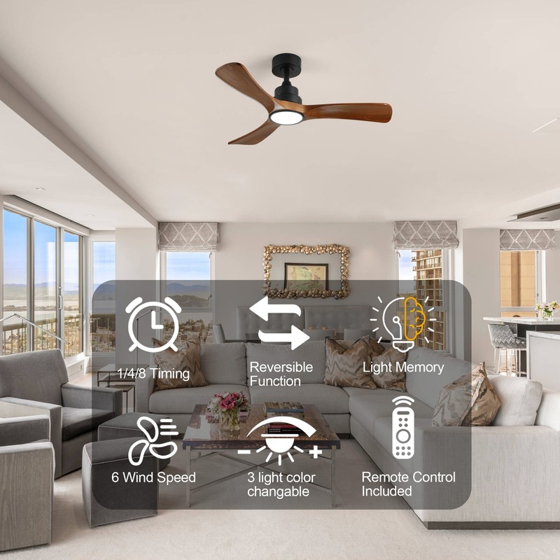 41.7" Black Ceiling Fan W/Light 3 Solid Wood Blades 6-speed Reversible DC Motor gallery