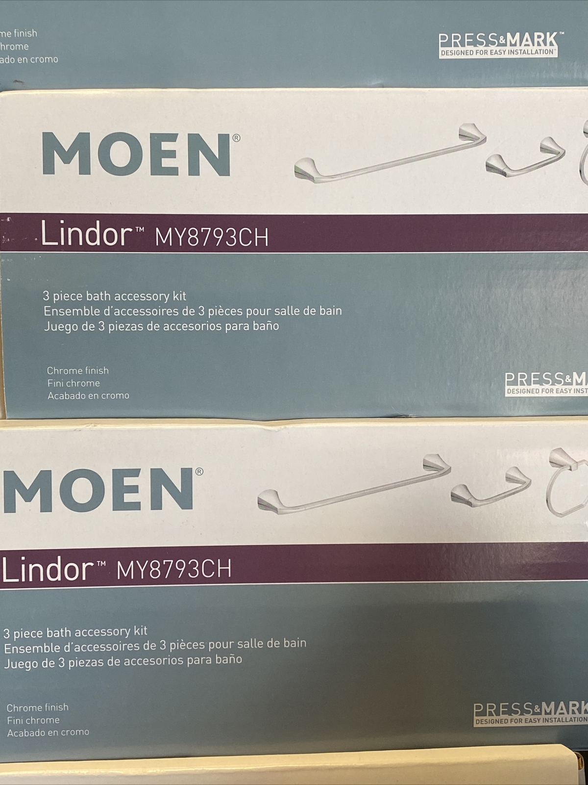 Moen Lindor Bath Acc. 3-Piece Kit Chrome Toilet Paper Holder Towel Rack Bar Ring gallery
