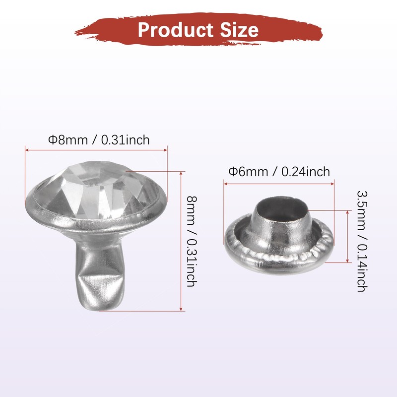Clear Rhinestone Rivets [100pcs] - Crystal Rivets - [Transparent - 0.31 IN] gallery