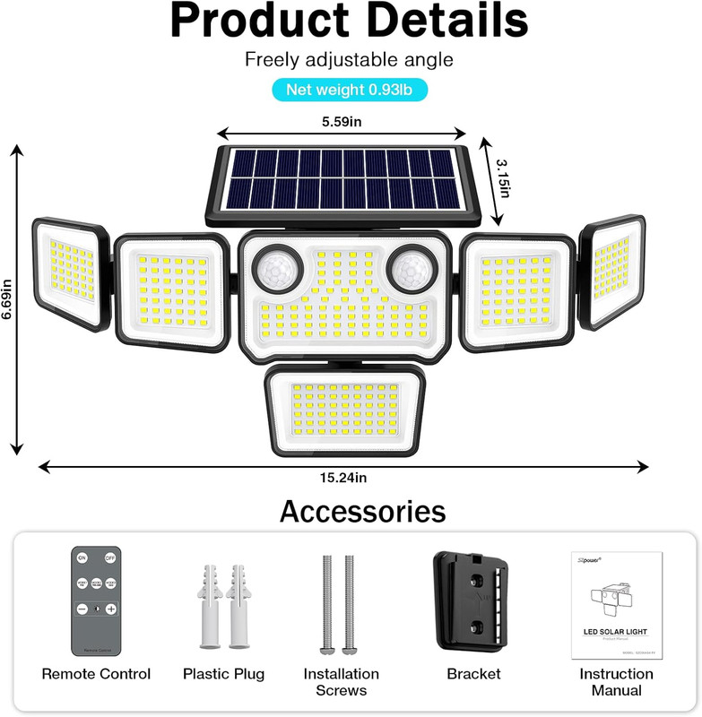 6000LM Solar Motion Sensor Lights Outdoor 6 Head Flood Light 2 Pack gallery