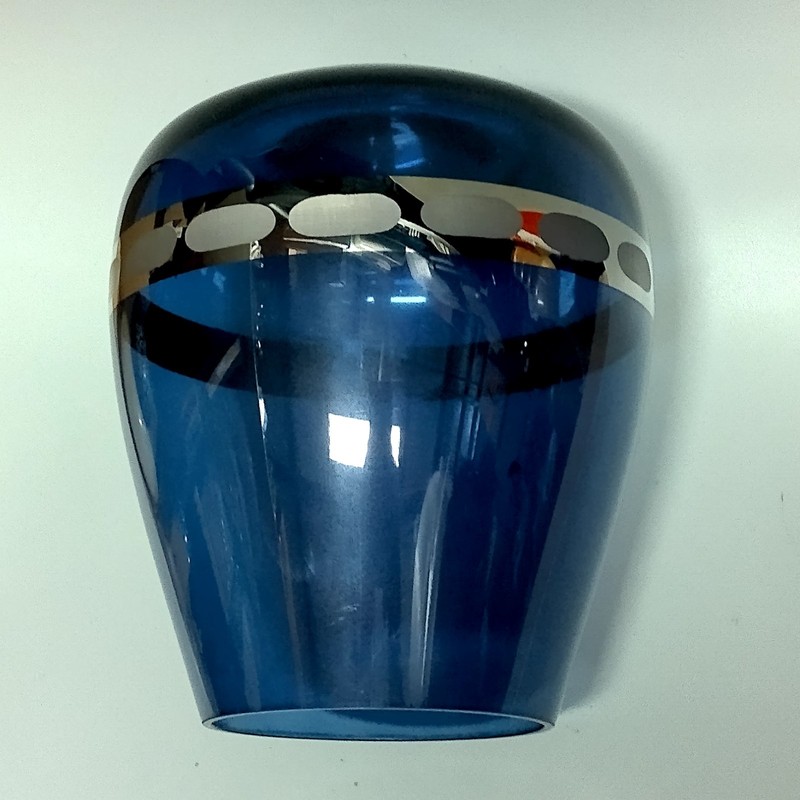 Cobalt Blue Glass Vase Tear Drop Shape Etched Silver Tone Chrome Band 6.5" gallery