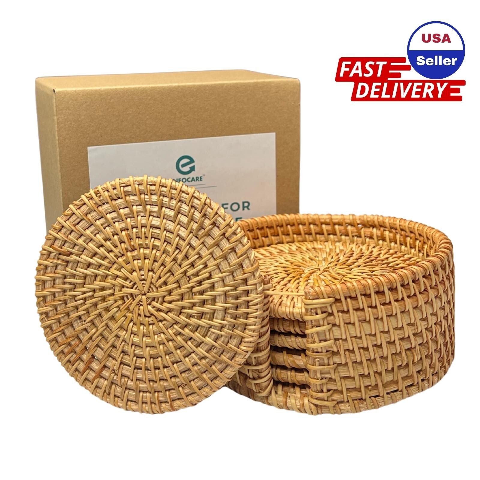 Handmade Rattan Drink Coasters, Woven Wicker Straw Trivet, Set of 6 with Holder gallery