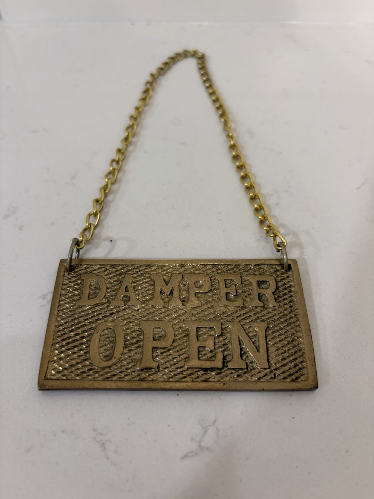 BRASS FIREPLACE DAMPER OPEN CLOSED SIGN WITH CHAIN gallery