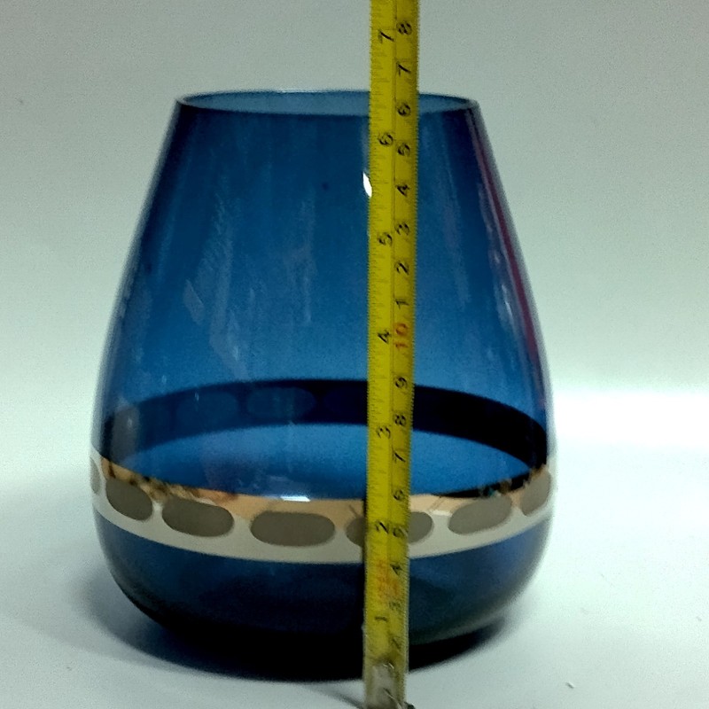 Cobalt Blue Glass Vase Tear Drop Shape Etched Silver Tone Chrome Band 6.5" gallery
