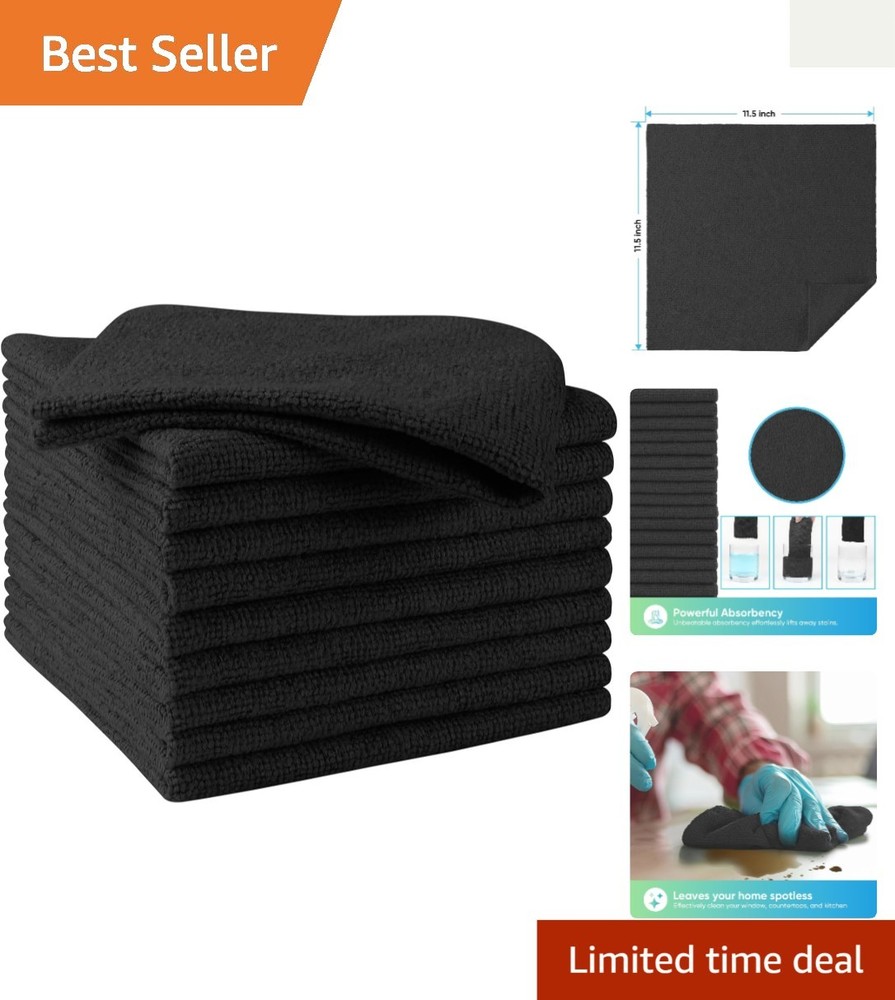 10 Pack Black Microfiber Cleaning Cloths - Lint & Scratch-Free 11.5x11.5 Inch