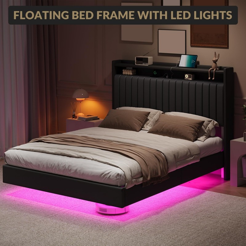 Queen Size Floating Bed Frame with LED Lights Adjustable Upholstered Headboard gallery