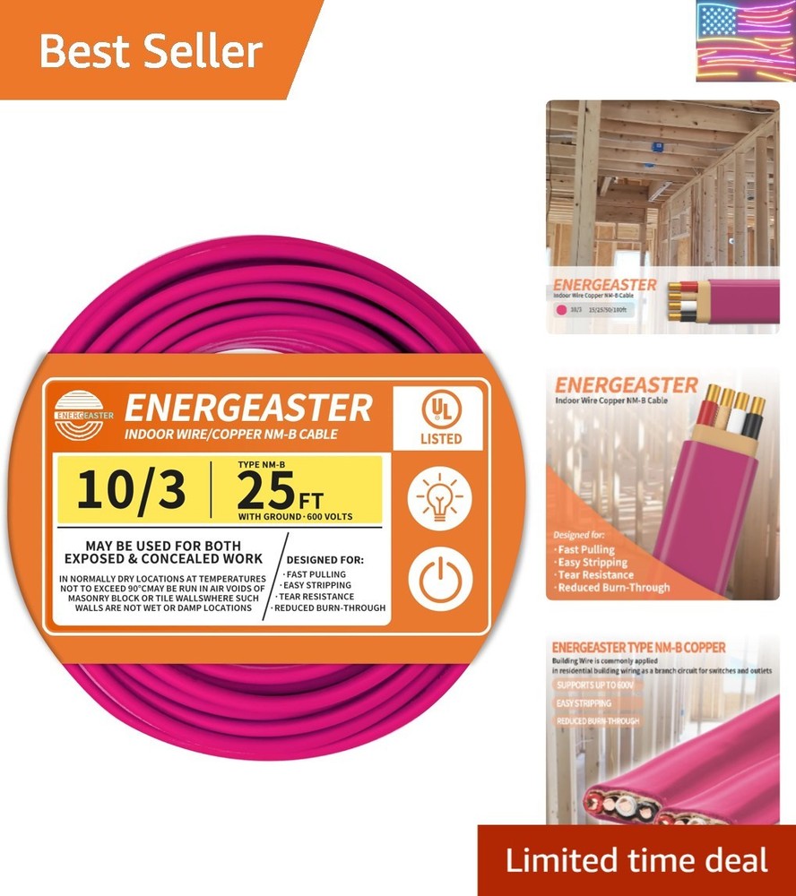 Solid Indoor 10/3 Type NM-B Pure Copper Cable 25FT, Pink, 10 AWG 3 Conductors...