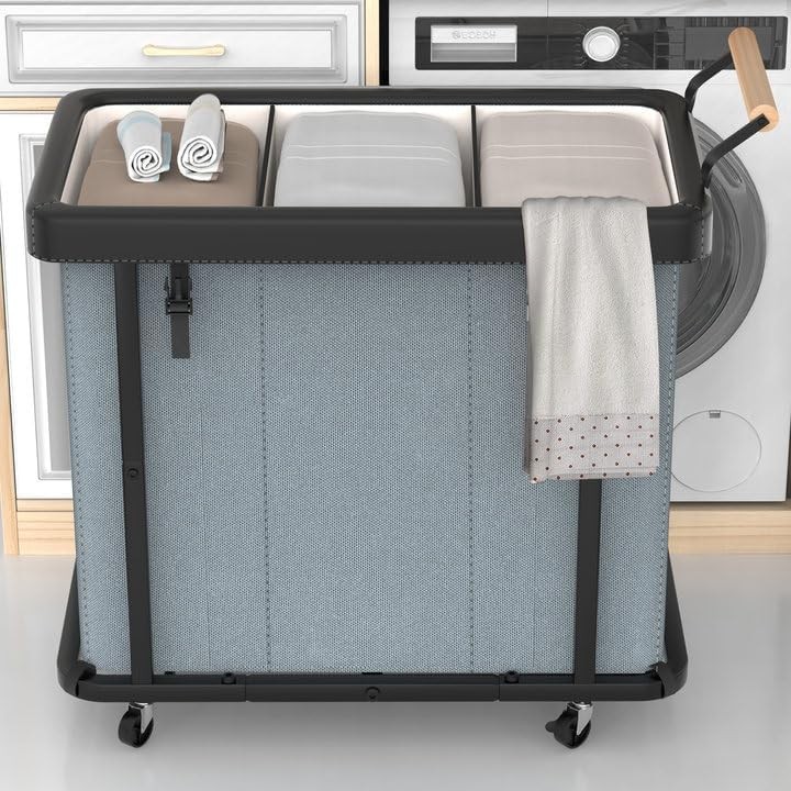 60 Gal Laundry Hamper 3 Section Laundry Sorter Rolling Lockable Wheels with Lid
