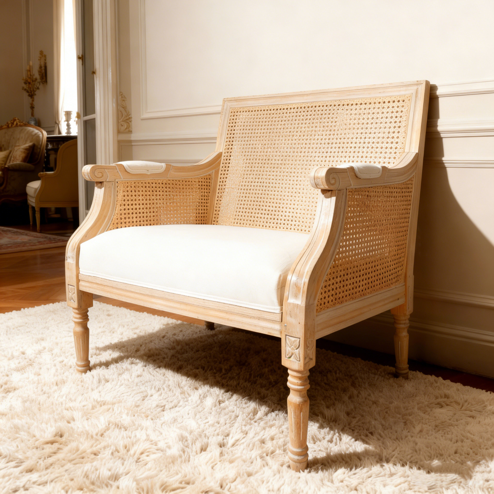French Country Style Cane Back Accent Chair, Whitewashed Rubberwood Club Chair gallery
