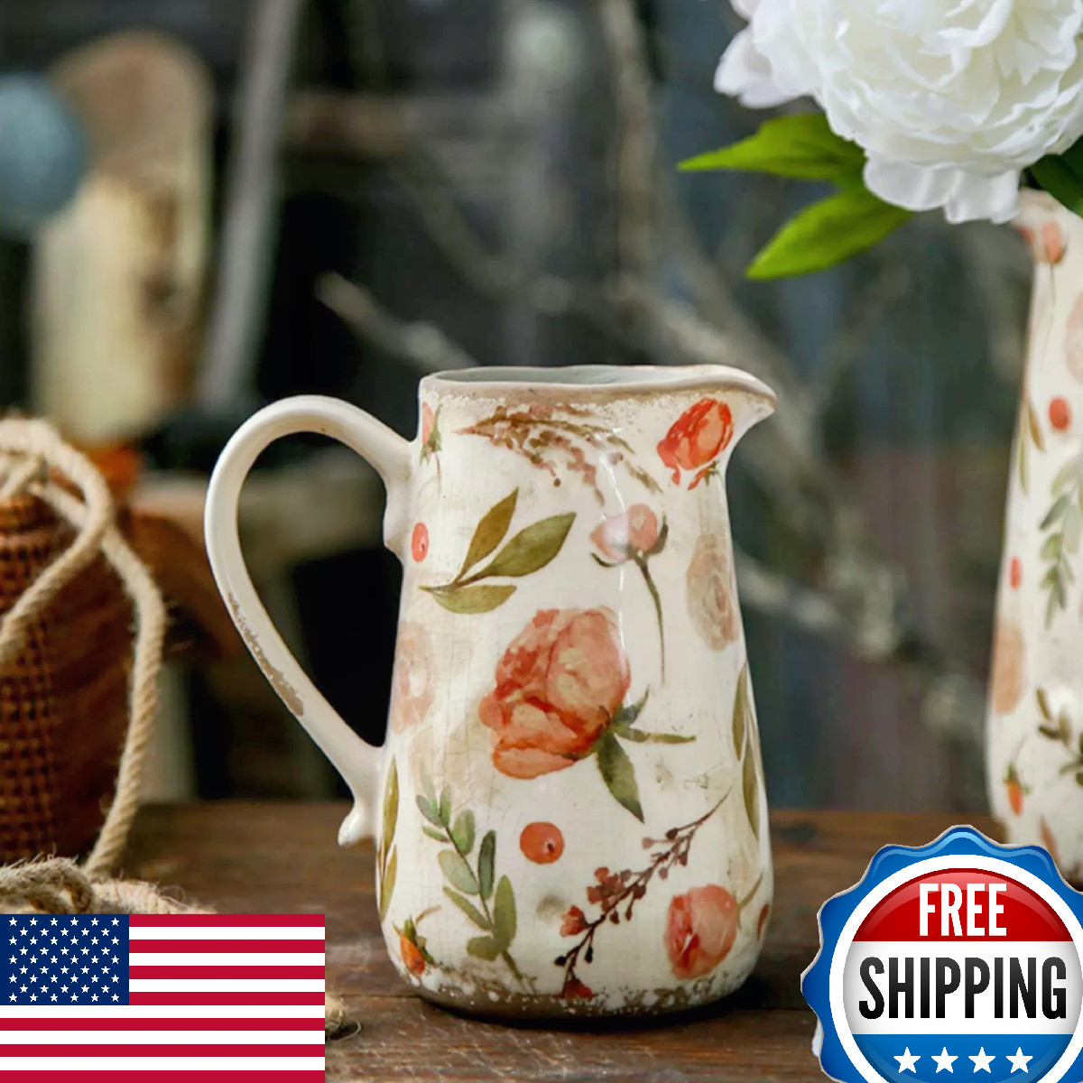 Retro Rustic Large Ceramic Vase w/ Handle, Distressed Farmhouse Pitcher gallery