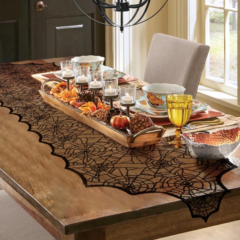 Halloween Table Runner, 14 X 48 Inch Black Lace Spider Web Table Runner, Spid... gallery