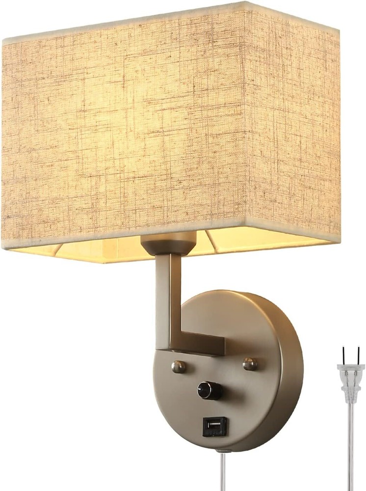 Plug in Wall Sconce with Dimmer Switch and USB Port，1-Light Silver