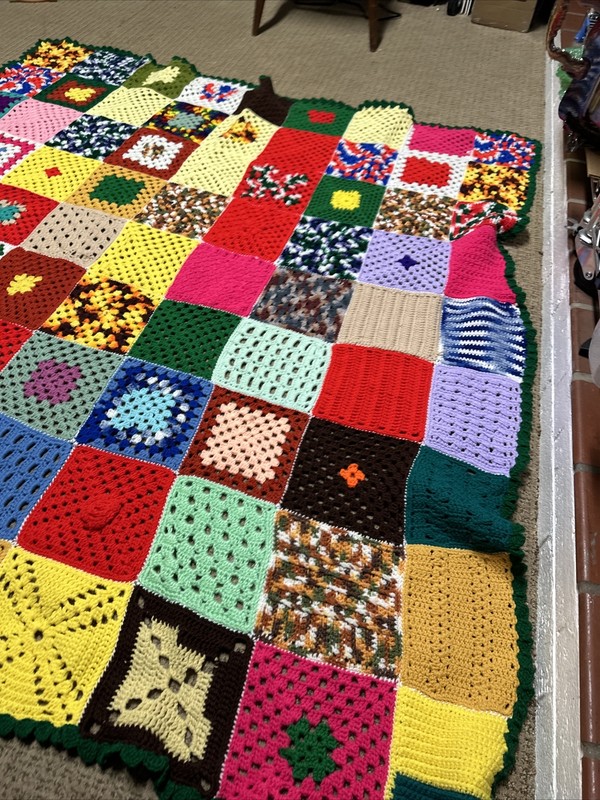 Vintage Granny Square Handmade Throw Blanket Hippie Knit Crochet 66 x 62 Roseann gallery