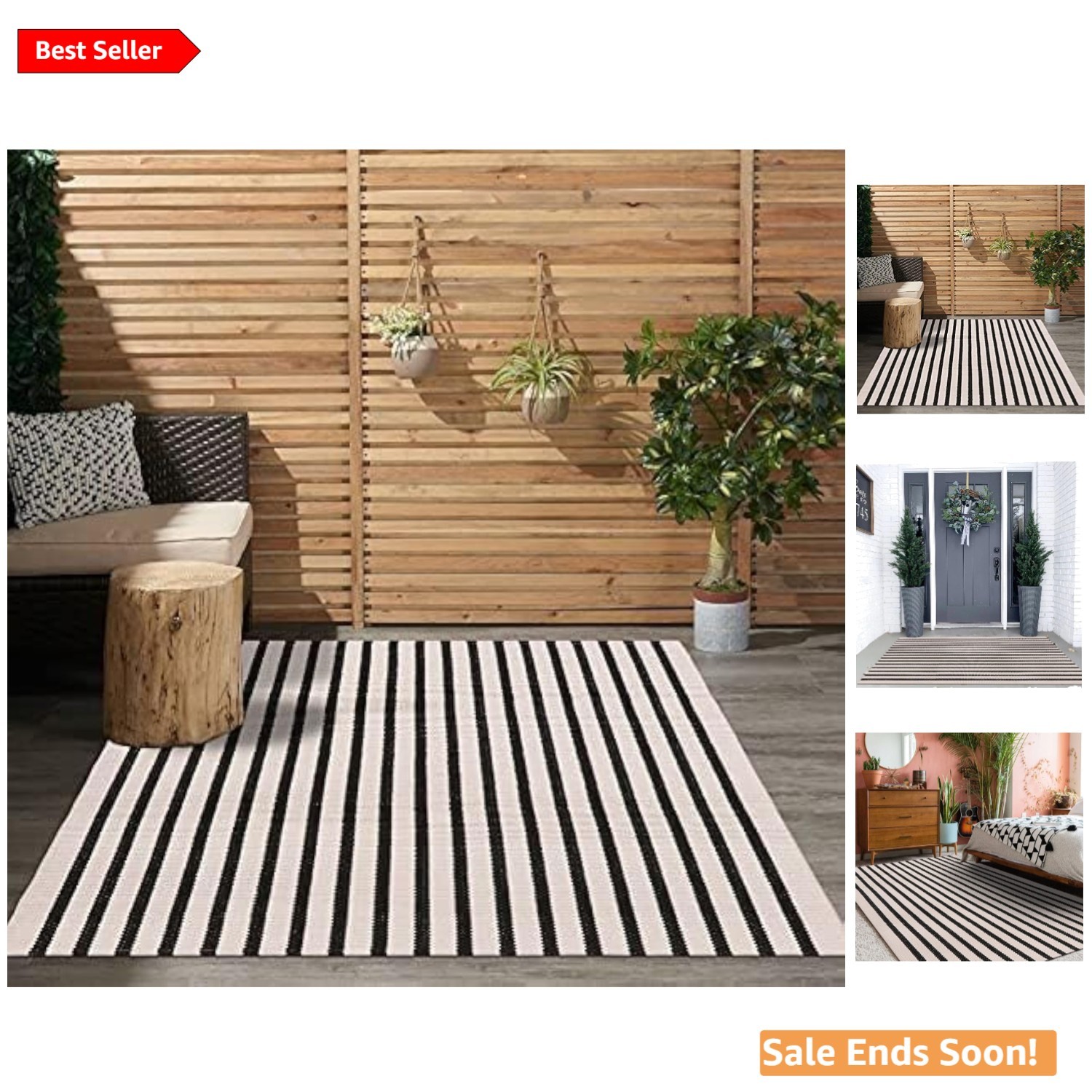 Black and White Striped Outdoor Area Rug 3x5 ft Washable Durable Farmhouse Style gallery