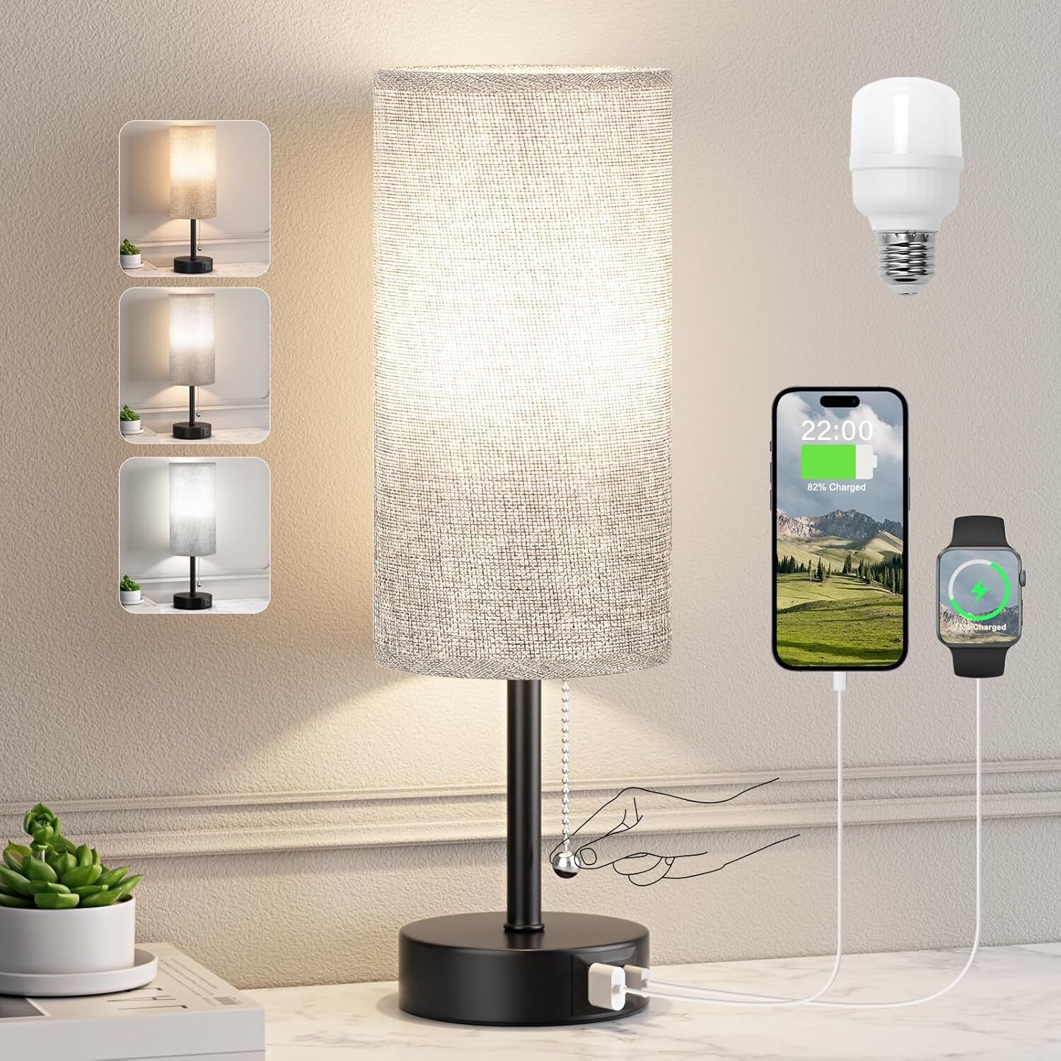 Gray Bedside Lamp for Nightstand - Small Table Lamp with USB A + C Charging Port gallery