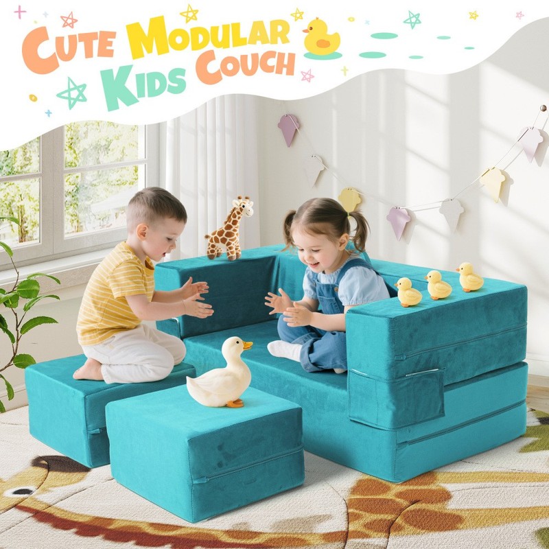 Kids Modular Play Couch, Foldable Velvet Foam Sofa & Convertible Toddler Fort gallery