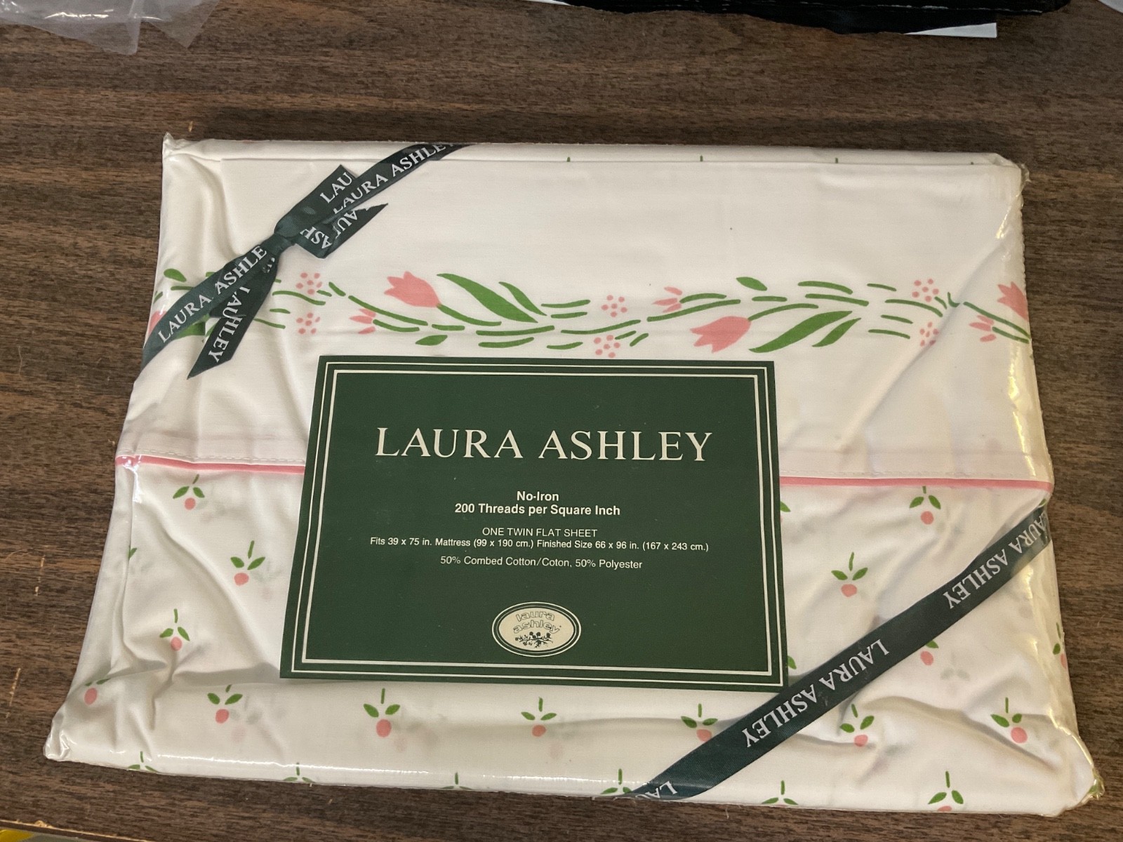 VTG LAURA ASHLEY Castleberry Flat Sheet Twin NOS Pink Green Tulip Mini Print gallery