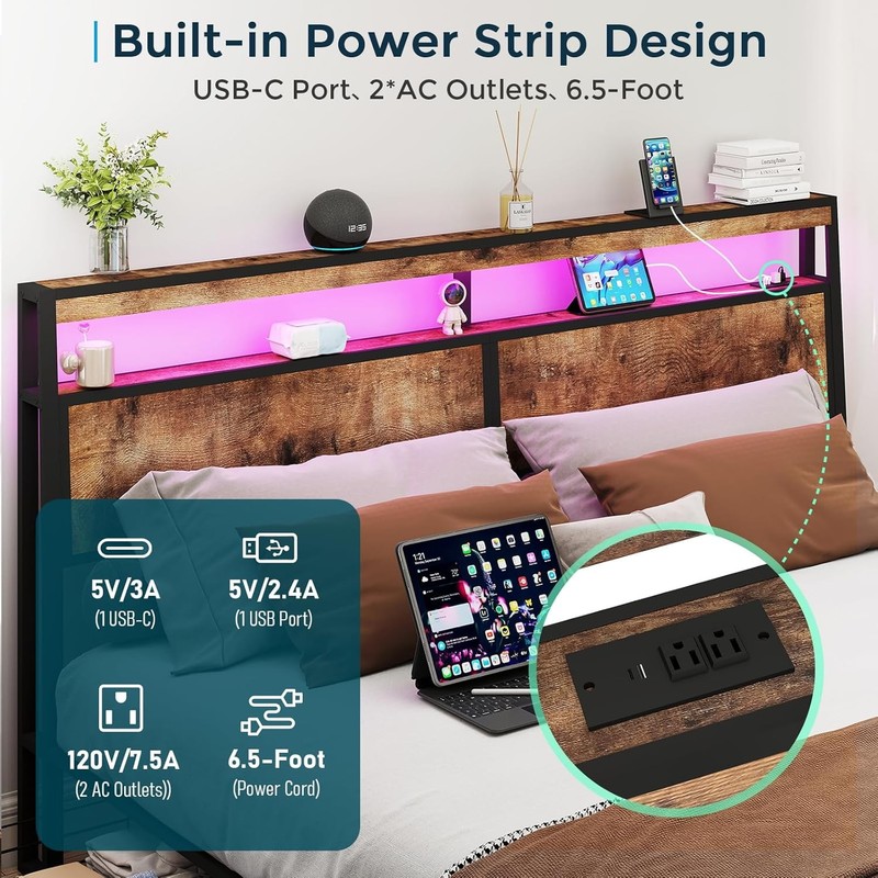 King Queen Full 4 Drawers Platform Bed Frame with LED Light, Charging Station gallery