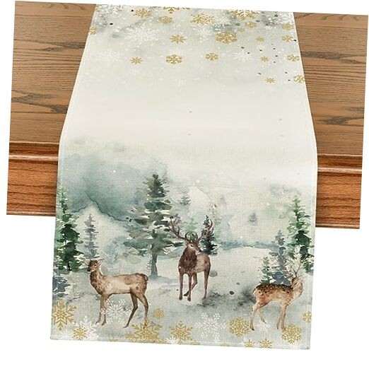 Watercolor Deer Trees Snowflakes Christmas Table 13" x 90", Table Runner Green gallery