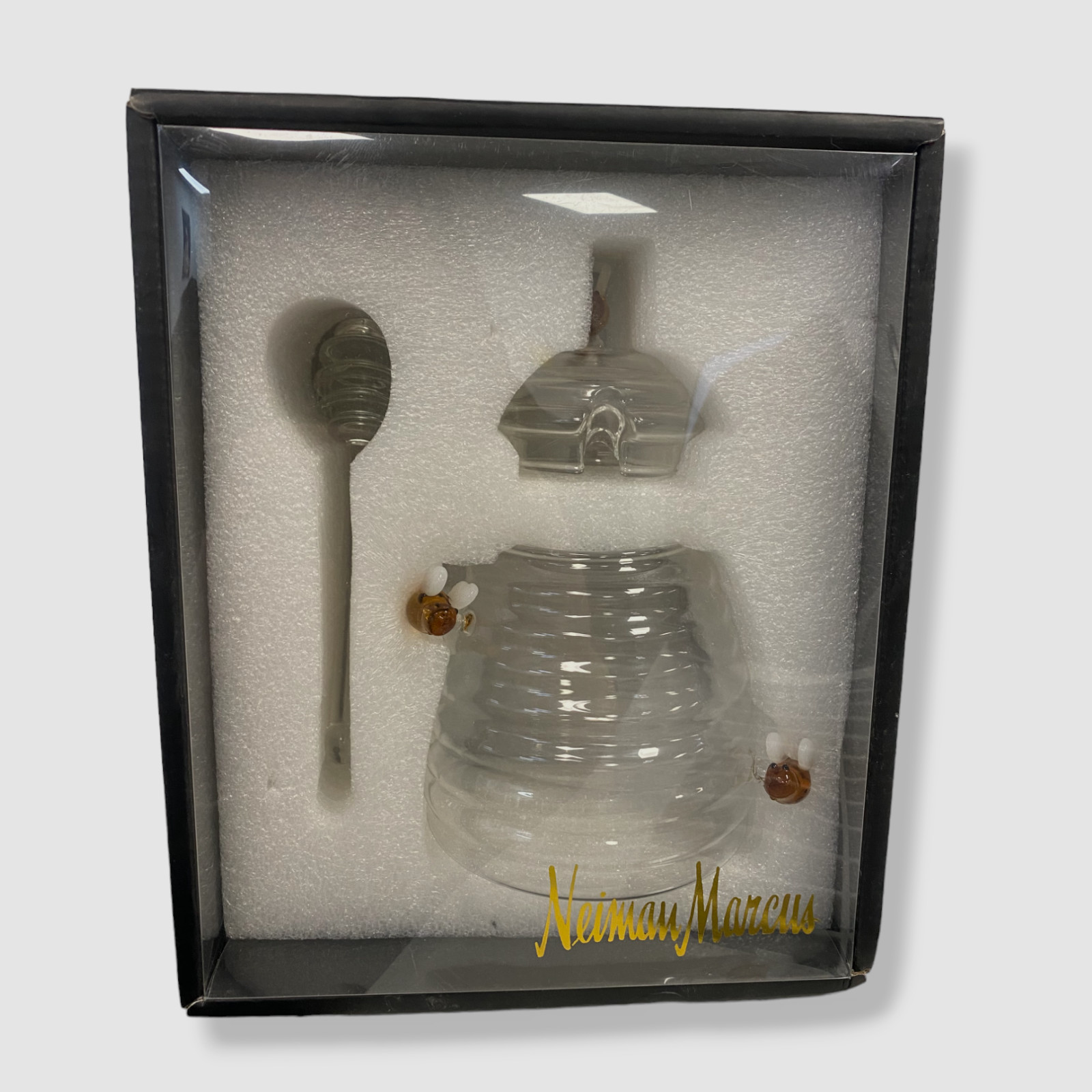 $42 Neiman Marcus Botanical Clear Glass Lid Bee Kitchen Handcrafted Honey Jar gallery