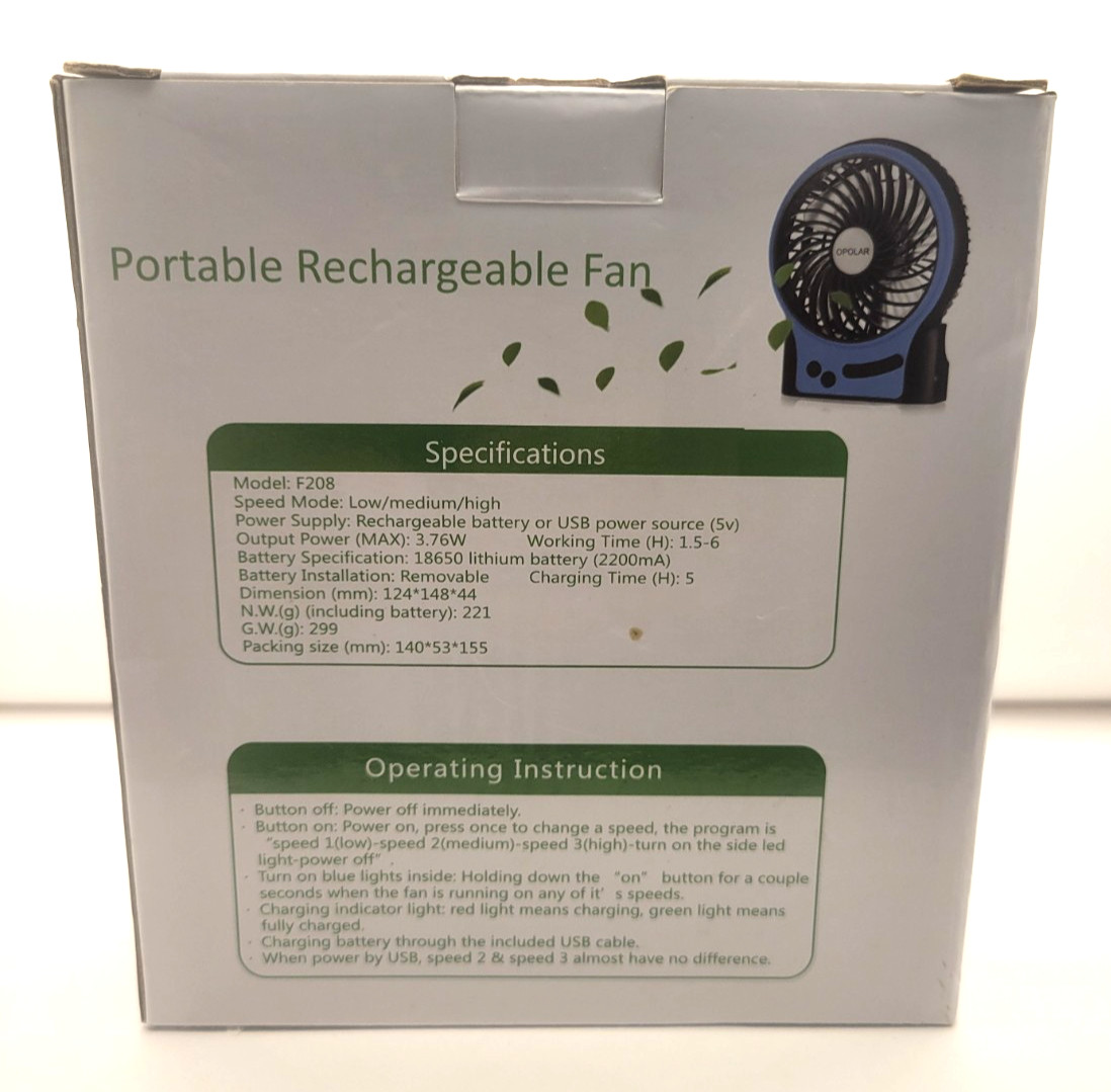 OPOLAR Portable Rechargeable Fan, USB Cable , Blue Model F208 gallery