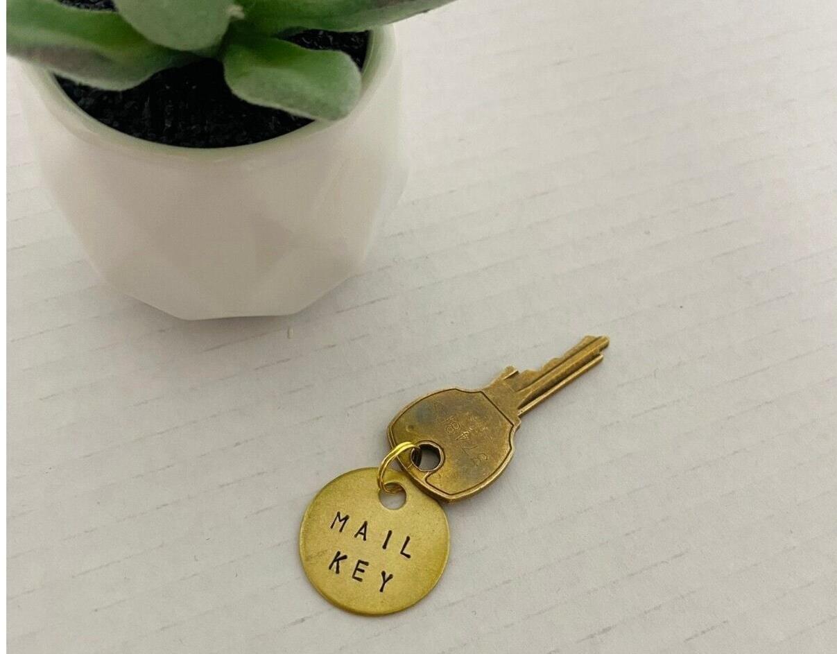 Mail Key Mailbox # Keychain PO Box Customizable Hand-Stamped Brass Metal Label gallery