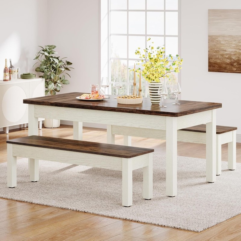 Modern Dinner Table Set for 4-6 People, 55'' Wood Kitchen Table with 2 Benches gallery
