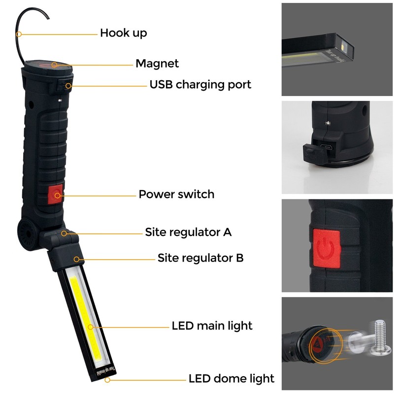 2 Pack Magnetic Base LED COB Work Light Rechargeable Mechanic Torch Flashlight gallery