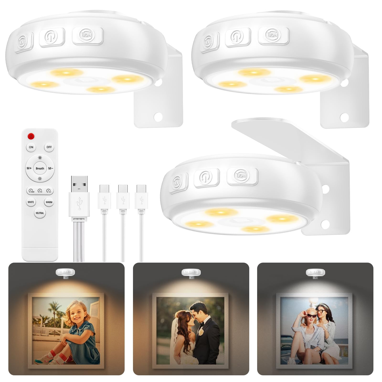 3 Pack Picture Light for Wall with 1200mAh Rechargeable Battery Operated Ligh... gallery