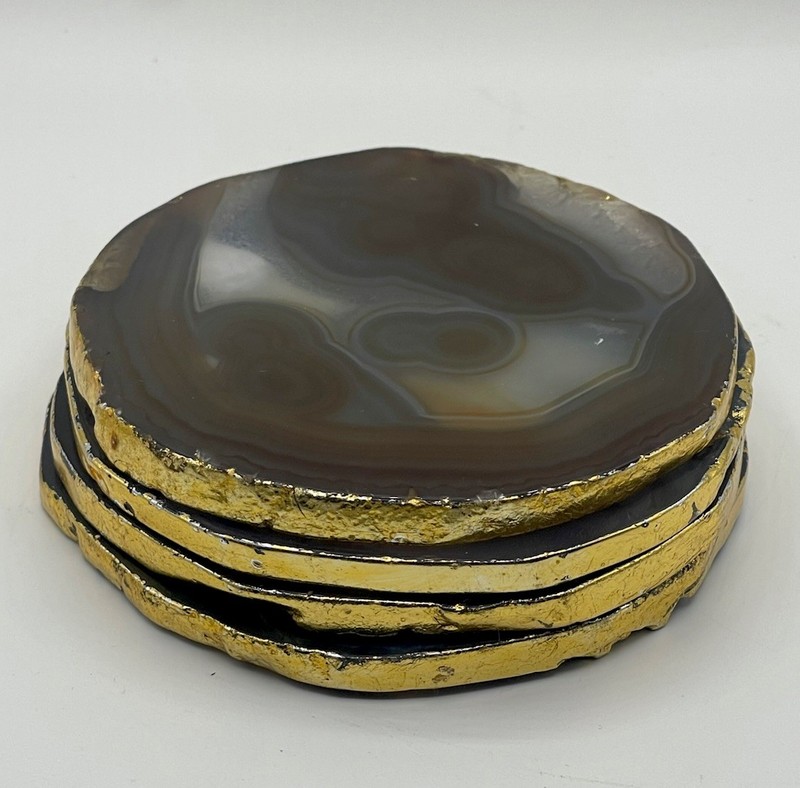 Natural Polished Agate Slice Coasters w/ Gold Electroplating Trim & Caddy Holder gallery