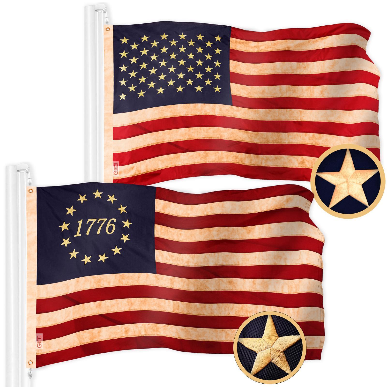 American USA Tea-Stained Flag & 1776 Tea-Stained Flag 3x5 Ft Both Emb 420D Poly gallery