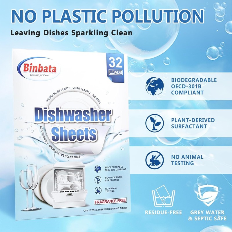 Eco-Friendly Dishwasher Detergent Sheets, Unscented & Biodegradable, 32 Loads gallery