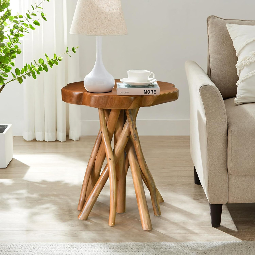 WELLAND Solid Teak Live Edge End Table,18" L X 18" W X 20" H Uniquie Side Table,
