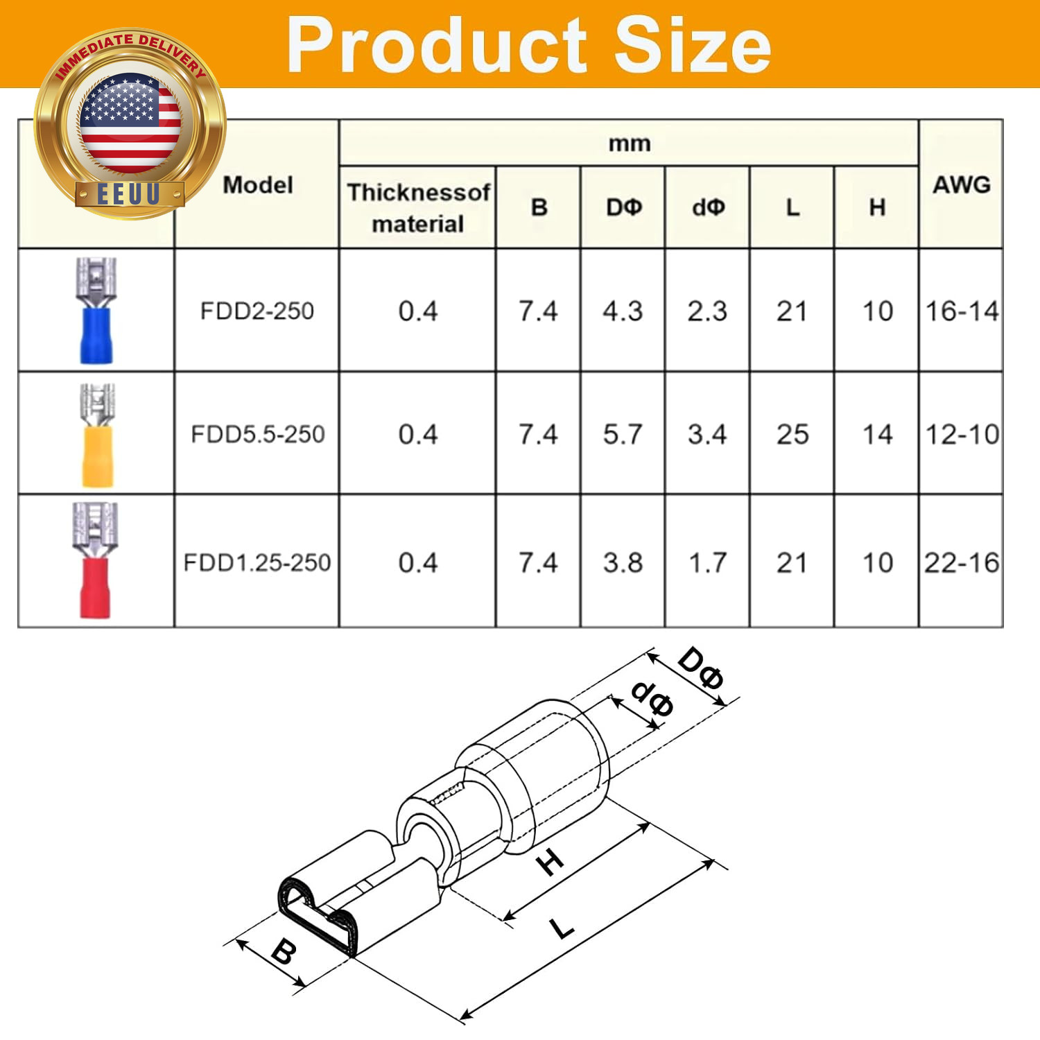 200PCS Quick Disconnects,16-14 Awg-6.3Mm 1/4" Electrical Crimp Terminal,Vinyl In gallery