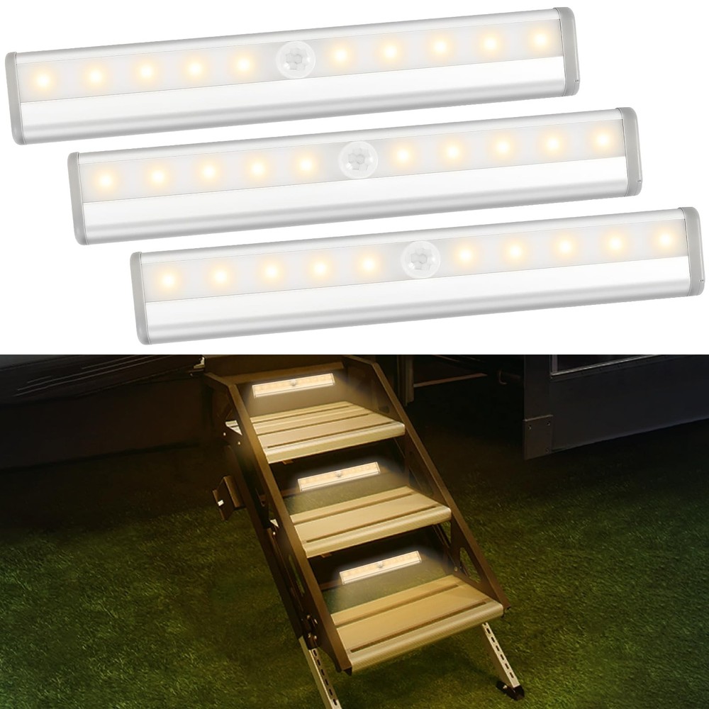 Fymblin 3 Pack Motion Activated RV Step Lights, 10 LED 7.5, Warm light