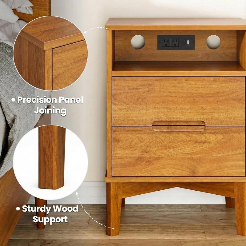 2 Pack Nightstand with Charging Station, 2 Drawers, Open Shelf, USB Ports Outlet gallery