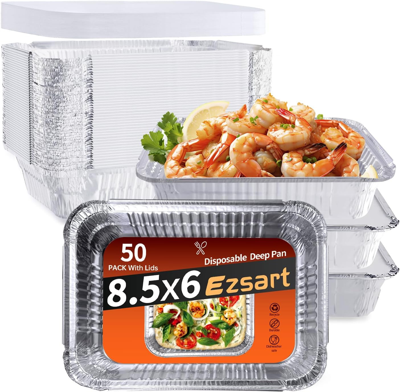 Aluminum Pans with Lids - 50 Pack 2.25LB Capacity Disposable Pans, 8.5”X6” Heavy gallery