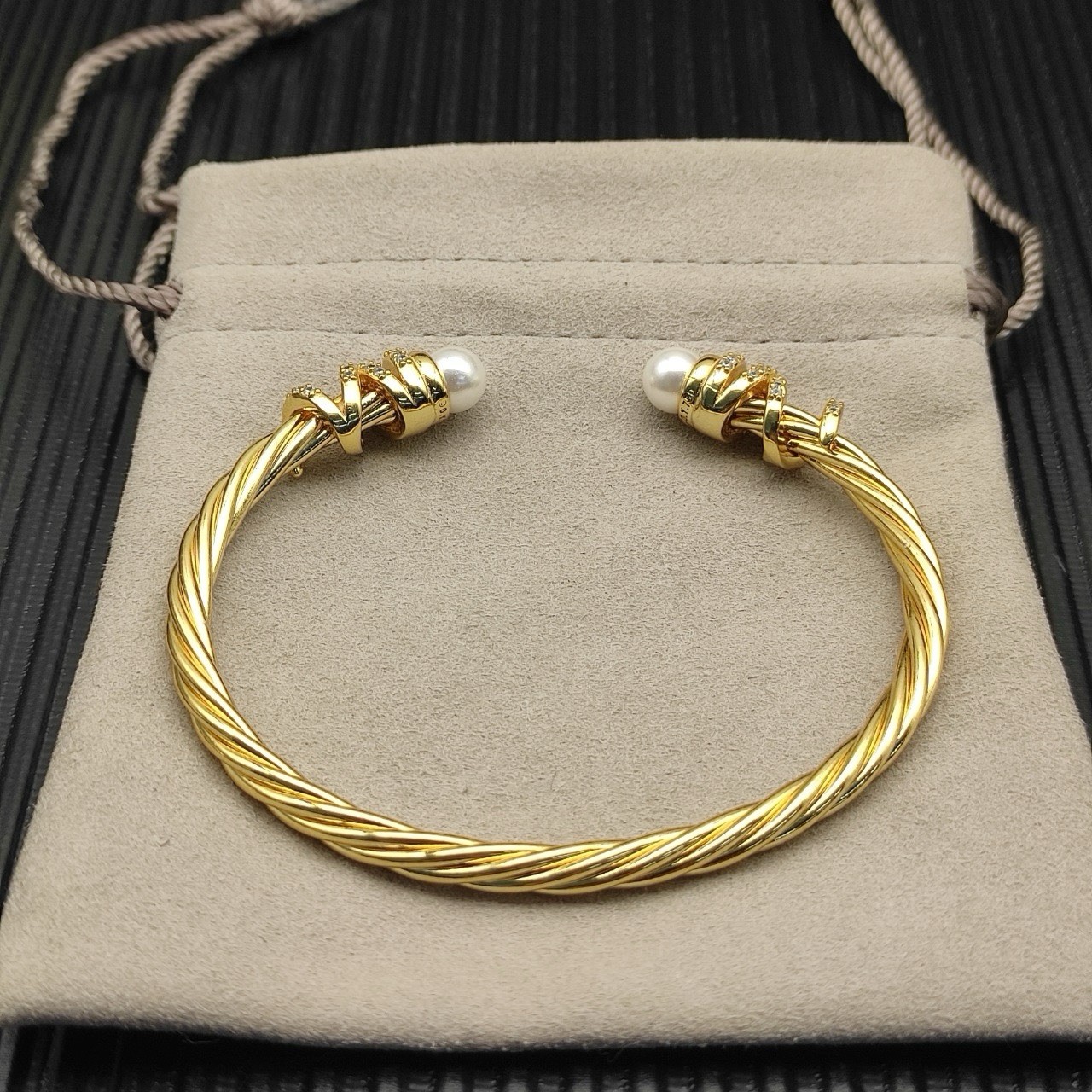 David Yurman 925 Yellow Gold Tone Cable Cuff Bracelet Pearl Ends Diamond gallery