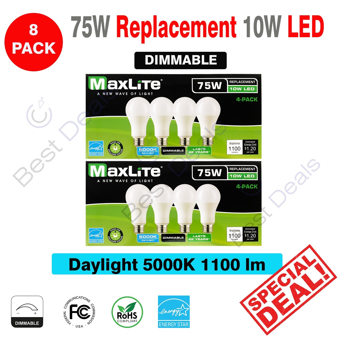 8 Pack Maxlite Dimmable LED 10W Daylight Light Bulb A19 75W replacement 5000K gallery