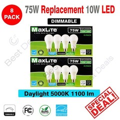 8 Pack Maxlite Dimmable LED 10W Daylight Light Bulb A19 75W replacement 5000K