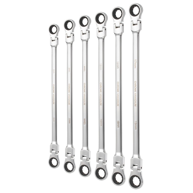 6PC Extra Long Flex Head Ratcheting Wrench set Double Box End Metric 8-19 Pouch gallery