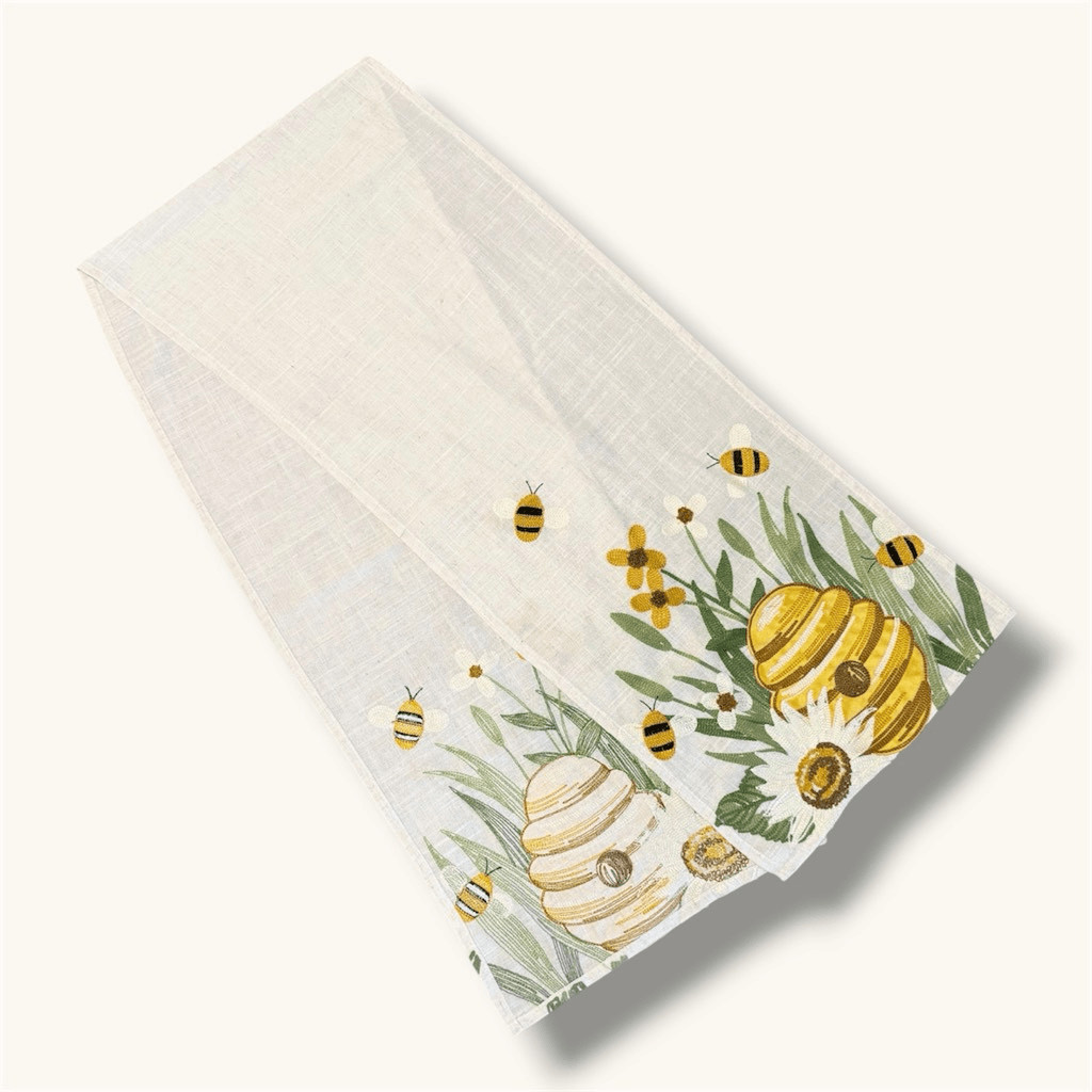 Vintage Embroidered Embroidery Cream Linen Tan Floral Bee Bumblebee Table Runner gallery