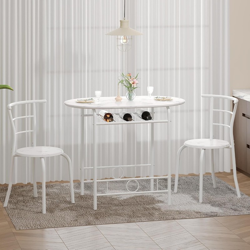 3-Piece Dining Table Set Kitchen Breakfast Nook Faux Marbled Oval Tabletop gallery