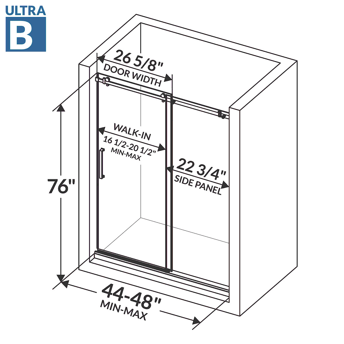44-48"Wx76"H Semi-Frameless Sliding Shower Door ULTRA-B Chrome by LessCare gallery