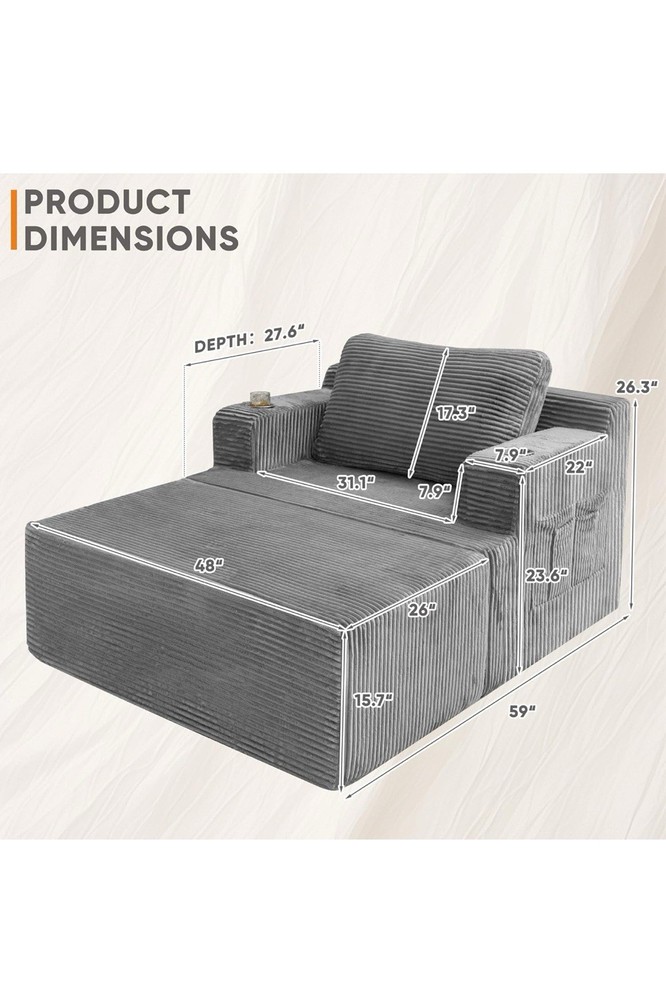 Folding Sofa Bed, Convertible Sleeper Chair Couch Foldable Queen Size Grey