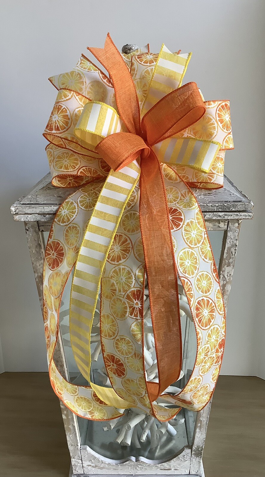 10" Handmade Orange Yellow White Spring Wired Wreath Bow - Orange Slices gallery