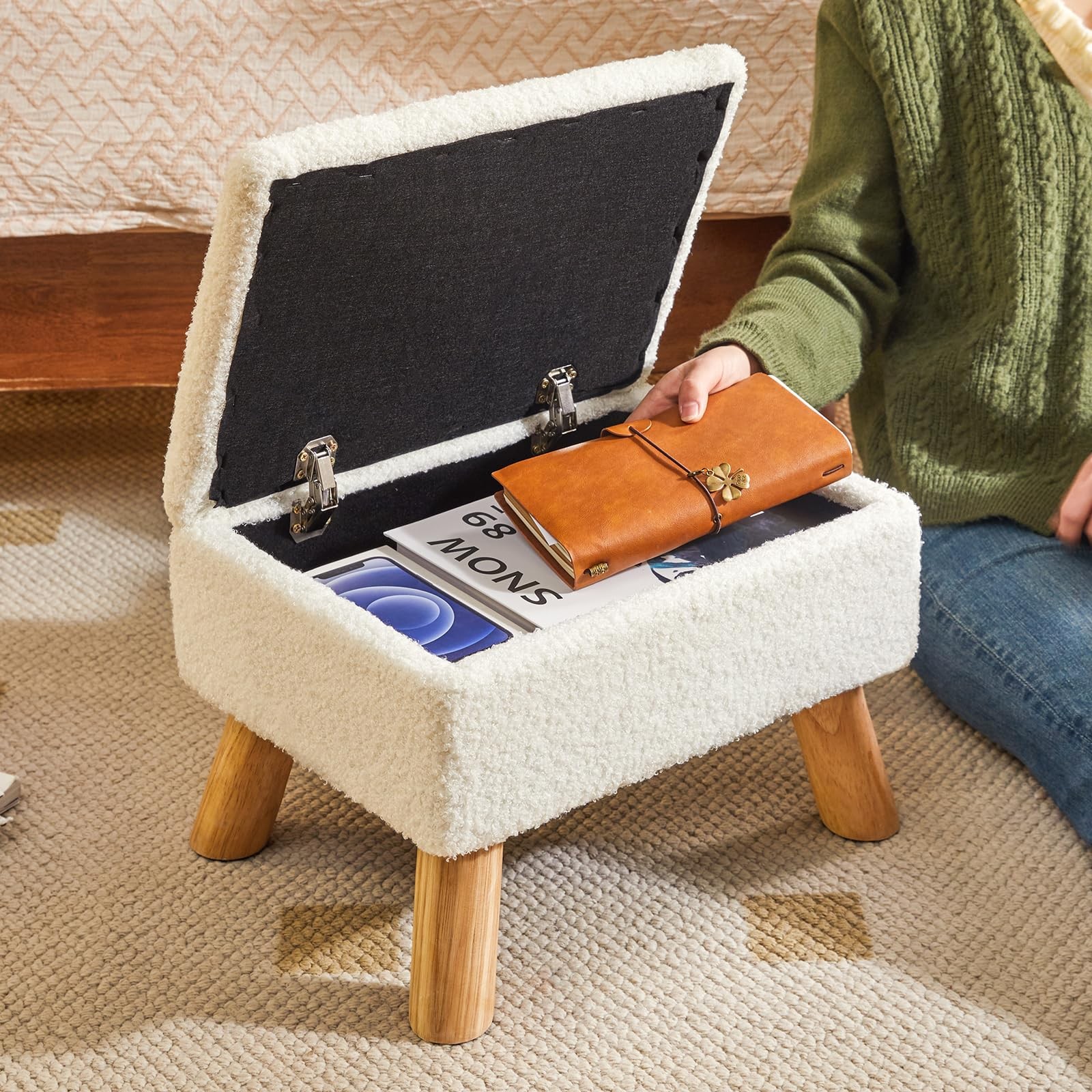 Small Storage Ottoman Foot Stool Padded Seat Teddy Velvet White UHBD042W gallery