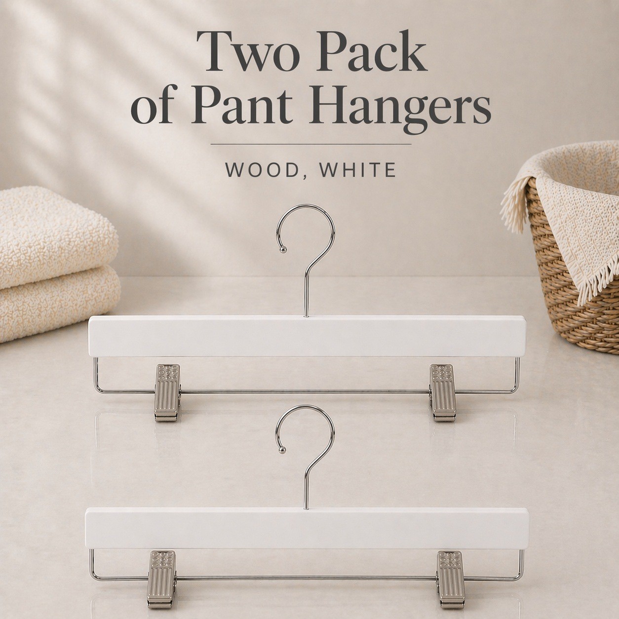 Two Pack White Wood Pant Hangers with Adjustable Metal Clips and Swivel Hook gallery