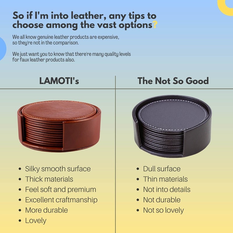 LAMOTI Leather Coasters for Drinks, 4" Drink Coasters Set of 6 with Holder fo... gallery