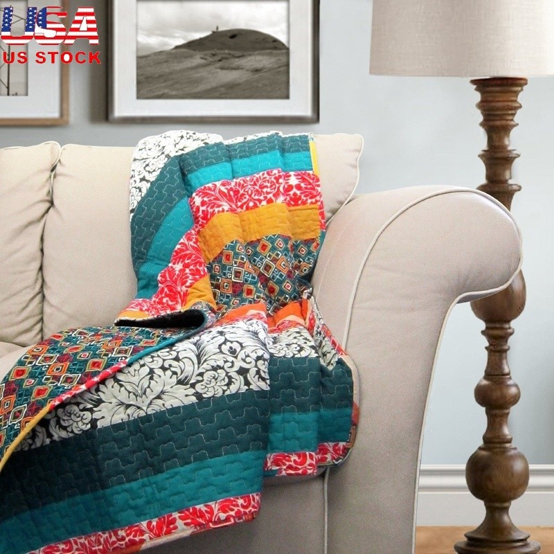 Boho Stripe Reversible Throw Blanket Soft Cotton Floral Geometric Cozy 60 x 50